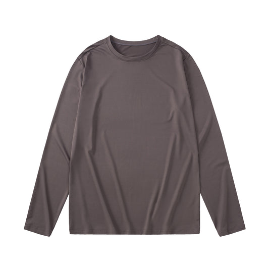 Men's loose round neck long sleeved T-shirt with deep coffee