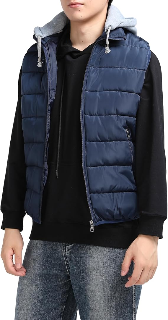 YOUTHUP Men's Sleeveless Quilted Down Jacket, Lightweight Color Hooded Vest, Thick Coats for Winter.