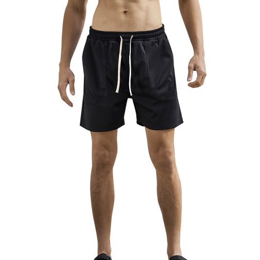 Men's solid color elastic waist sports loose casual shorts with large pockets - black