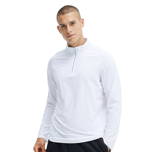 Men's casual half-zip long-sleeve T-shirt is pure white