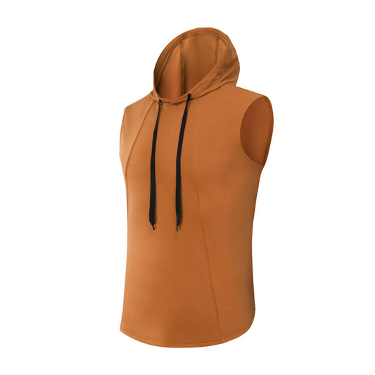 Men's hooded solid slim-fit sports vest brown