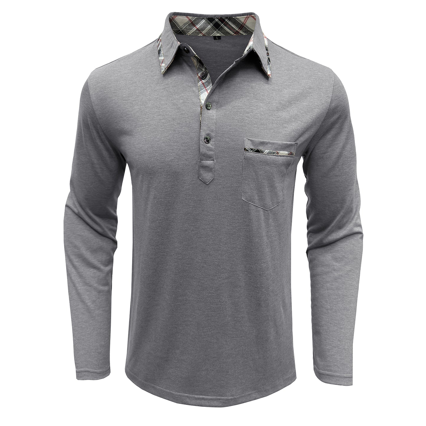 Men's lapel long-sleeved slim T-shirt light gray