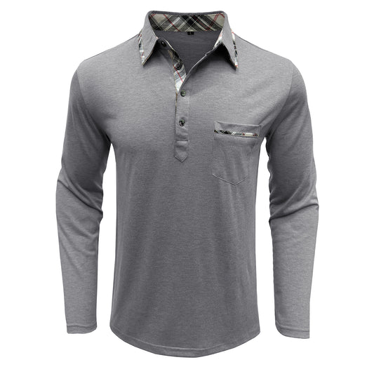 Men's lapel long-sleeved slim T-shirt light gray