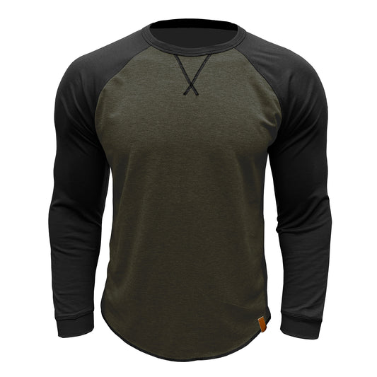 Men's long sleeved round neck casual T-shirt military green with black