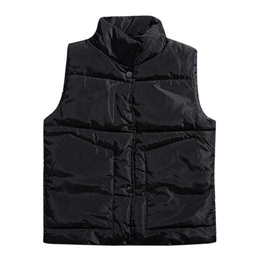 Men's solid color stand up collar button cotton coat vest black
