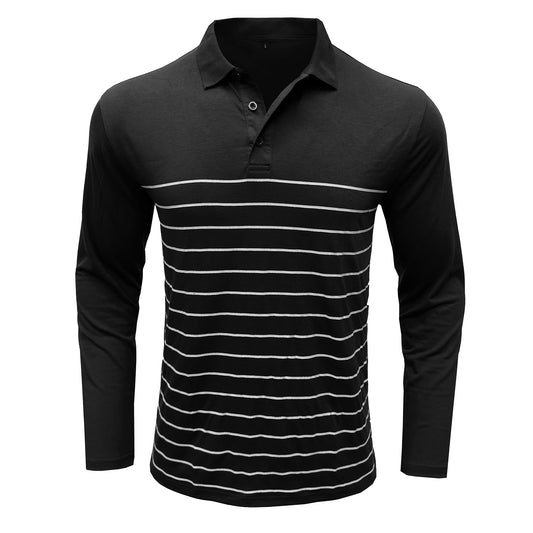 Men's lapel striped long-sleeved T-shirt black