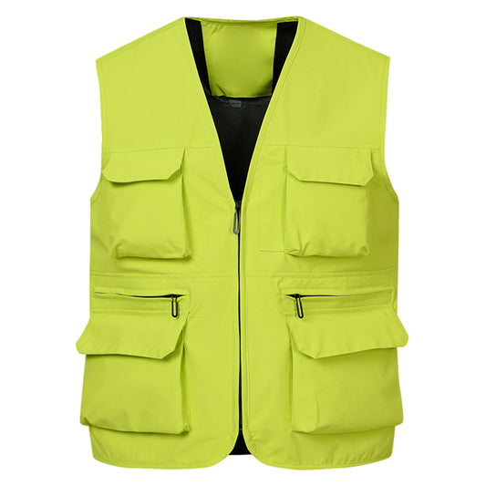 Men's solid color workwear with multiple pockets, loose vest, fruit green