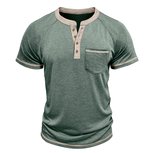 Men's solid color round neck half-breasted loose casual short-sleeved T-shirt army green