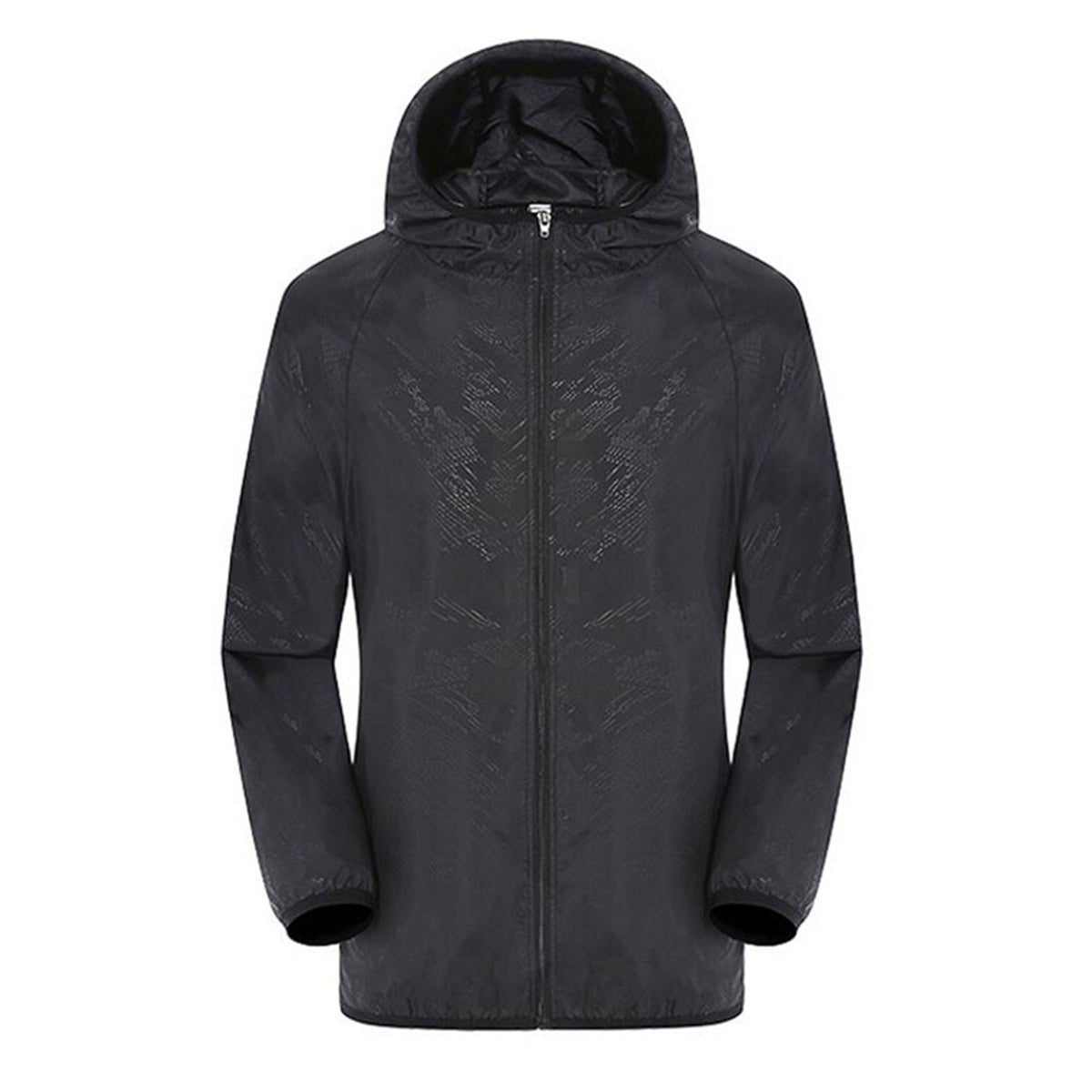 Men's solid color dark pattern zipper hooded waterproof sunscreen suit comes with a black storage bag in the same color