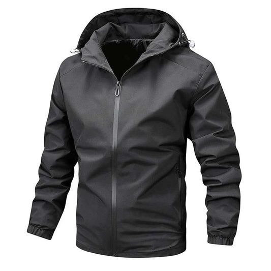 Men's single zip hooded casual jacket in solid black