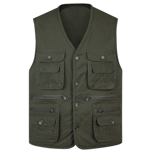 Men's solid color v-neck multi-pocket vest military green