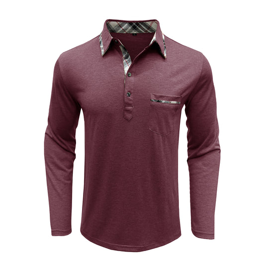 Men's lapel long-sleeved slim T-shirt jujube red