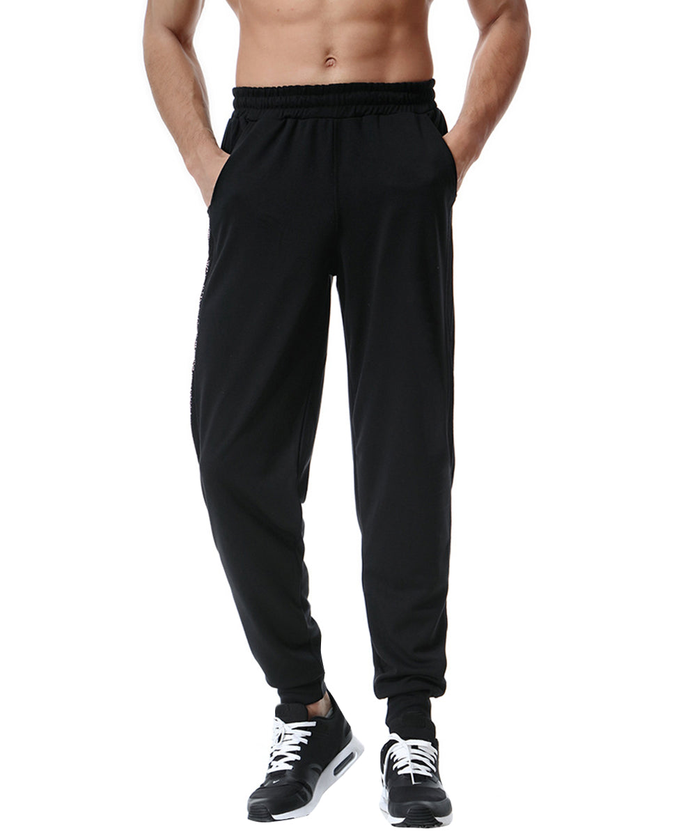 Men's solid color drawstring sports casual pants black