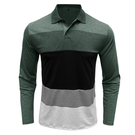 Men's color-block lapel striped long-sleeved T-shirt green