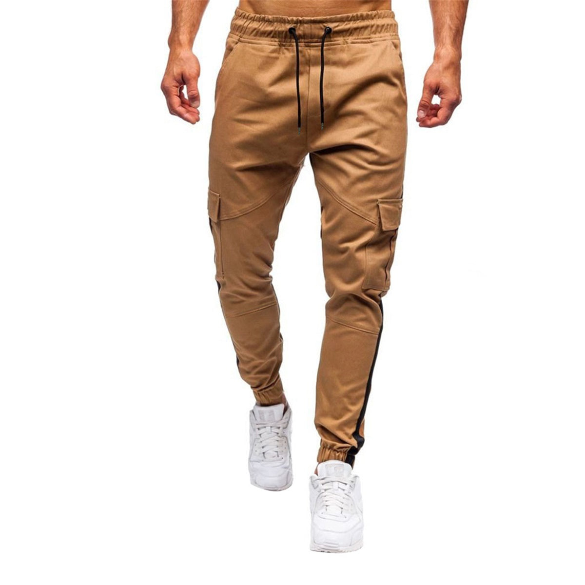 Men's color blocked drawstring multi pocket sports casual pants khaki