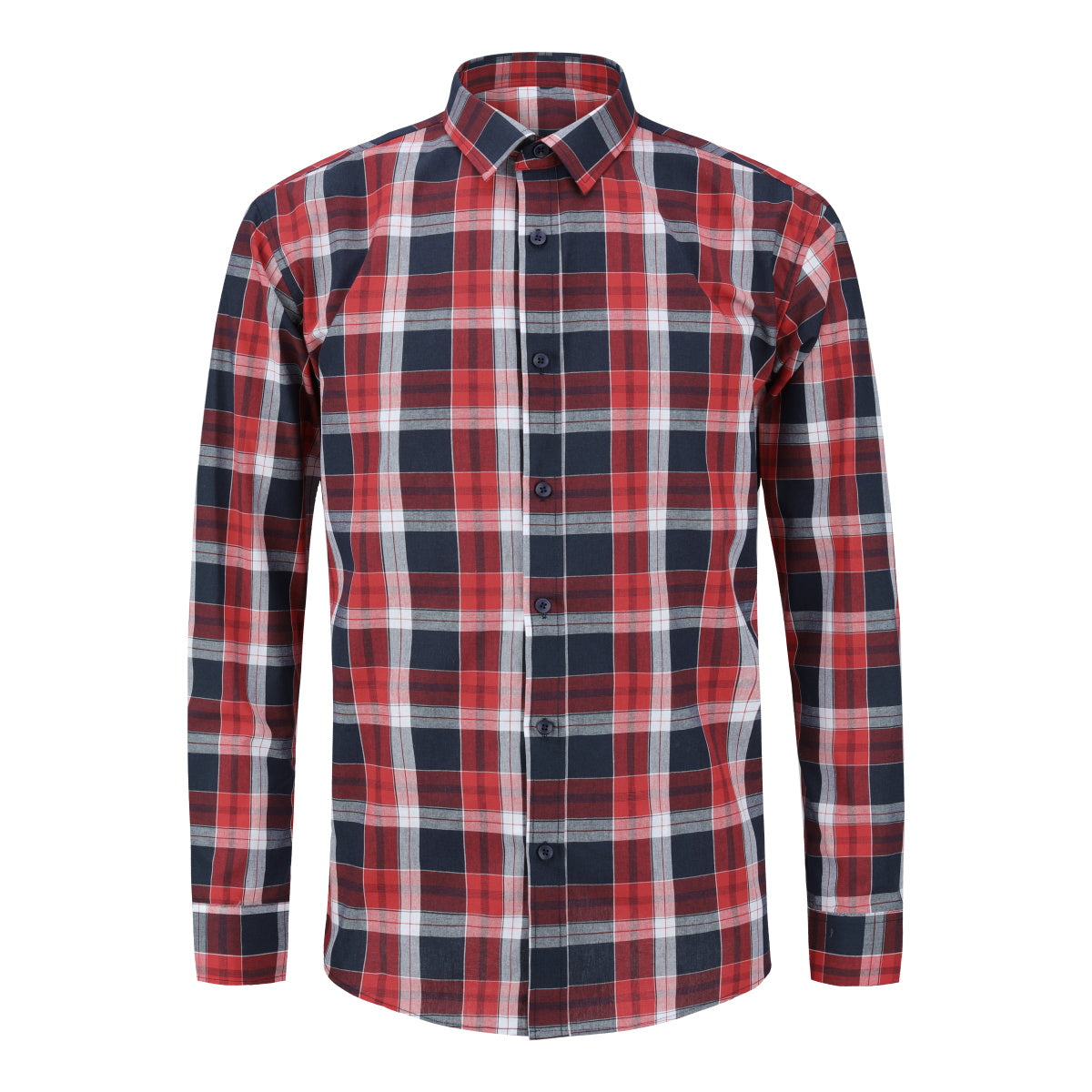 Plaid long sleeve shirt with men's lapel, red and blue plaid