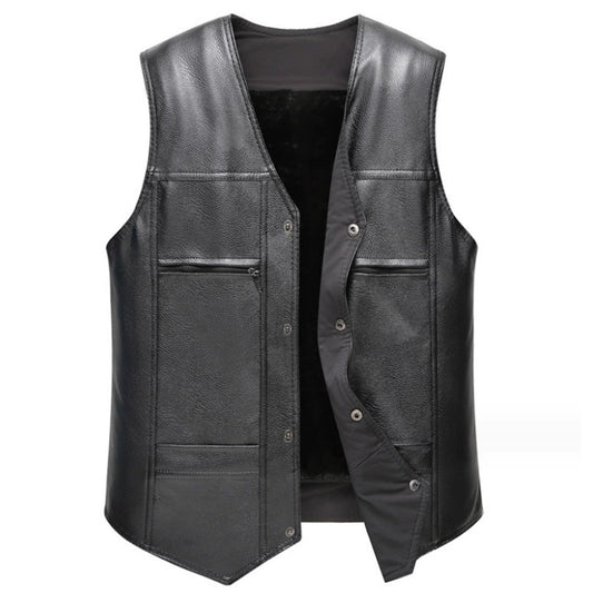 Men's solid v-neck single-breasted casual leather vest in black