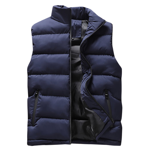 Men's stand up collar solid color short cotton vest dark blue