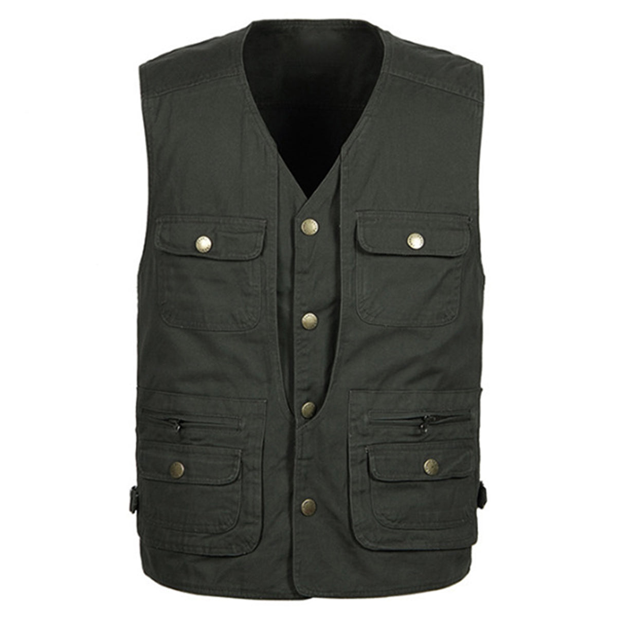 Men's solid color V-neck multi-pocket vest military green
