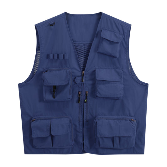 Men's V-neck solid color outdoor multi pocket casual vest in navy blue