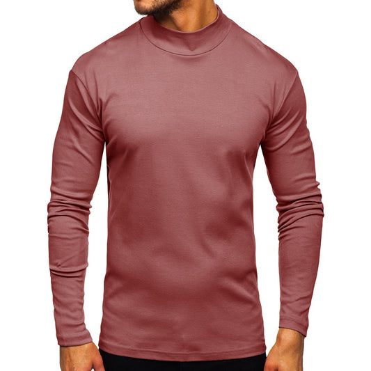 Men's solid color high neck long sleeved T-shirt embroidered red