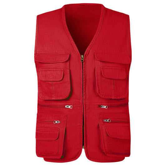 Men's solid v-neck multi-pocket vest red