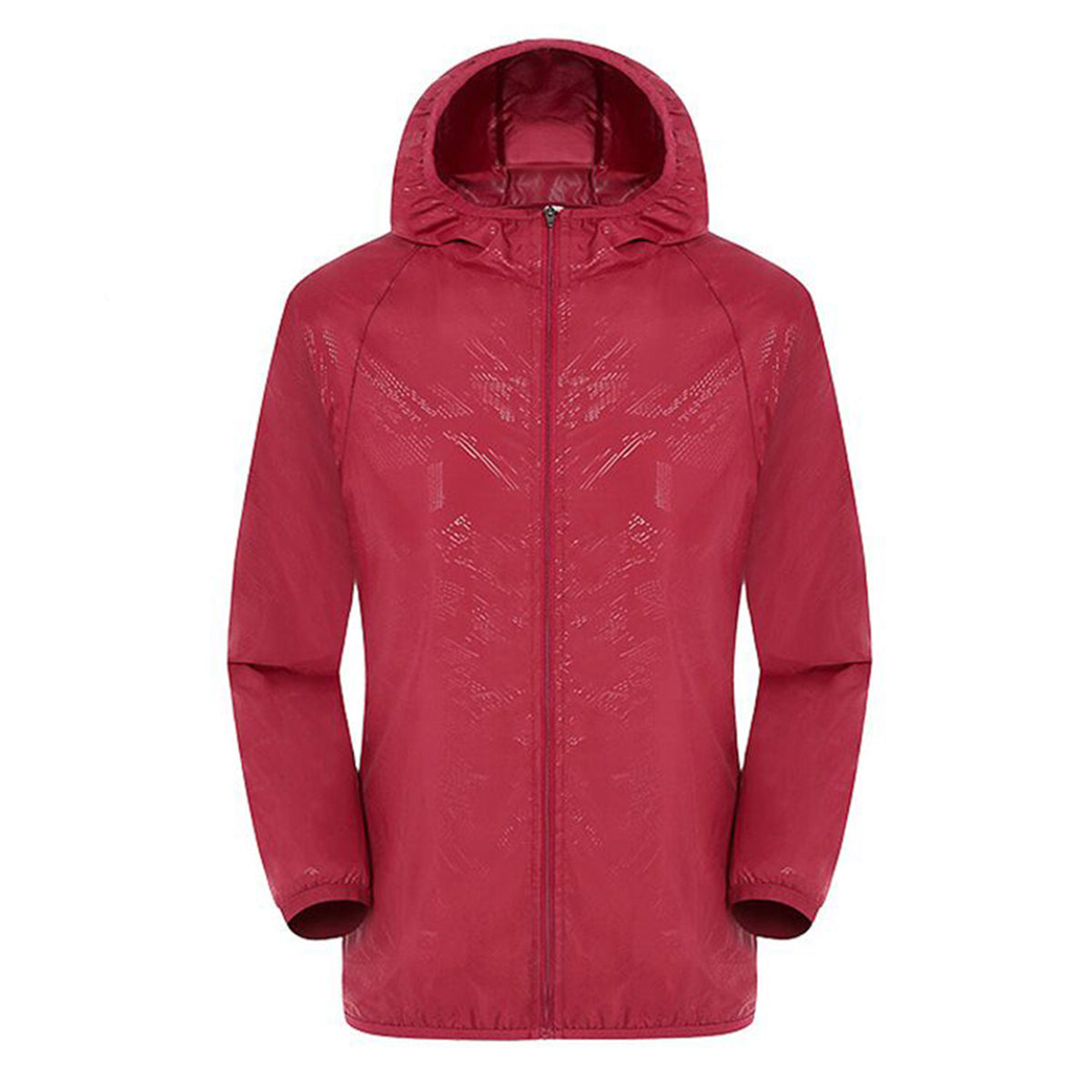 Men's solid color dark pattern zipper hooded waterproof sunscreen suit comes with a same color storage bag in bright red