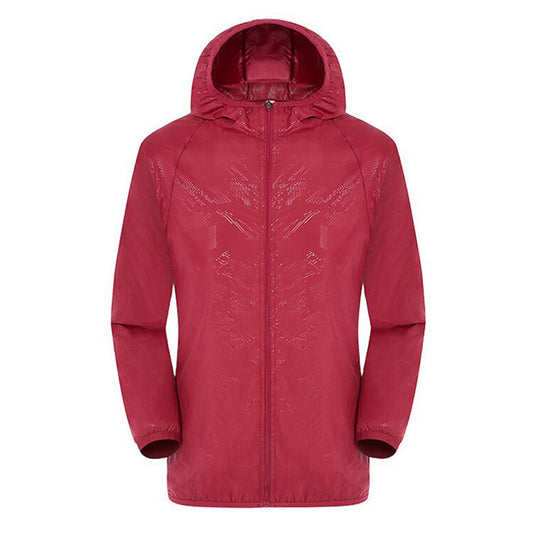 Men's solid color dark pattern zipper hooded waterproof sunscreen suit comes with a same color storage bag in bright red