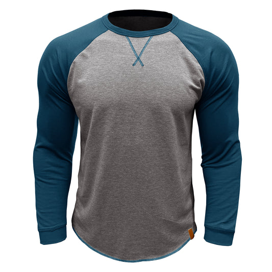 Men's long sleeved round neck casual T-shirt light gray with blue