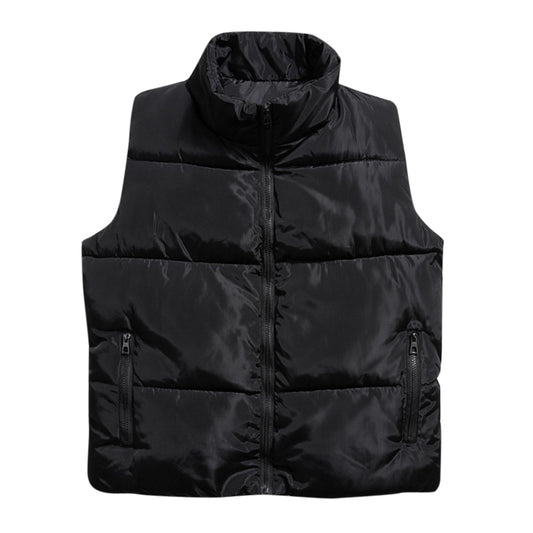 Men's solid color stand-up collar zippered cotton vest black