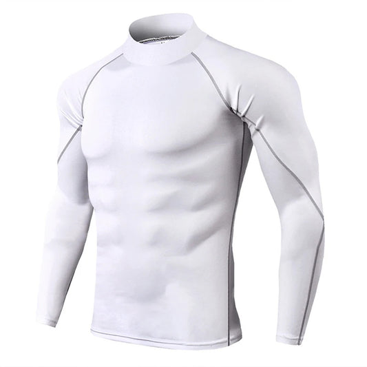 Men's solid color stand up collar long sleeved T-shirt with white background and gray thread
