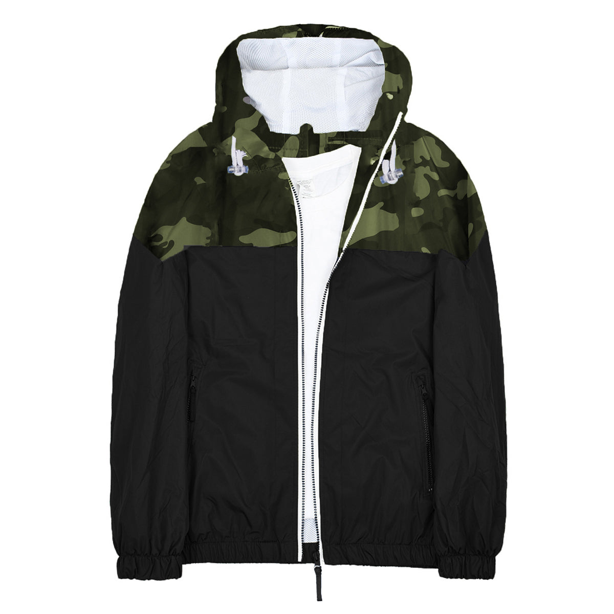 Men's quilted hooded zip jacket with loose waterproof military green camouflage
