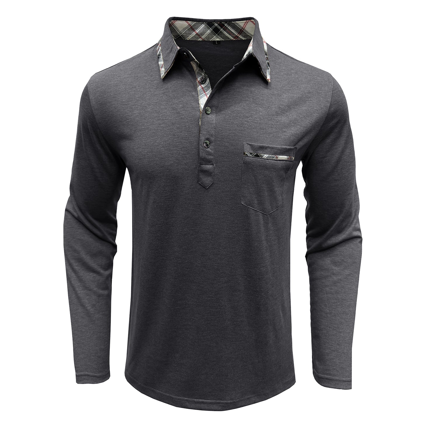 Men's lapel long-sleeved slim T-shirt dark gray