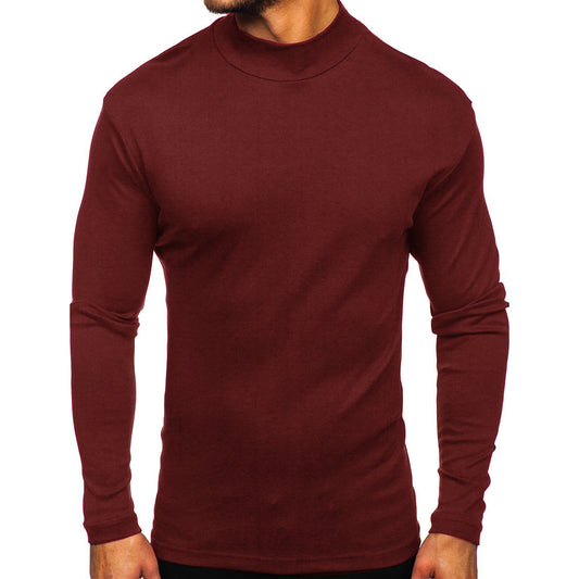 Men's solid color high neck long sleeved T-shirt in wine red