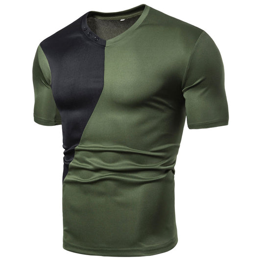 Men's solid color patchwork casual sports T-shirt burgundy