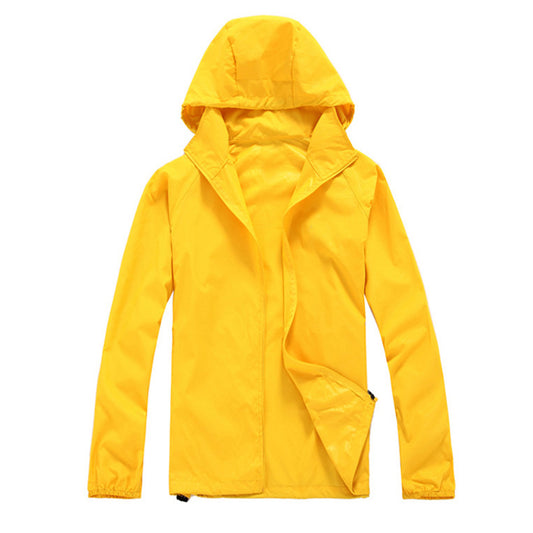 Men's solid color dark pattern zipper hooded waterproof sunscreen suit comes with a same color storage bag in yellow