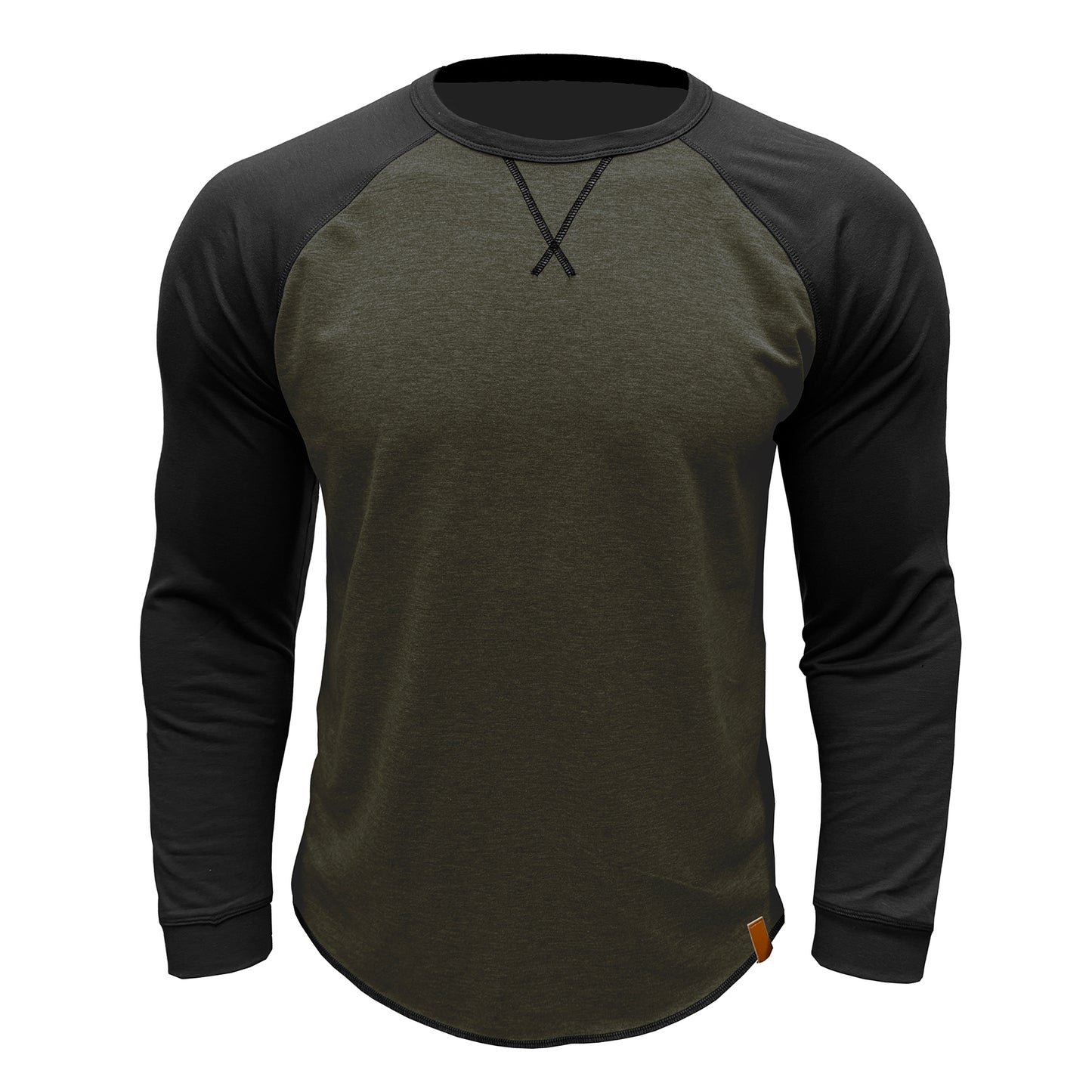 Men's long sleeved round neck casual T-shirt military green with black