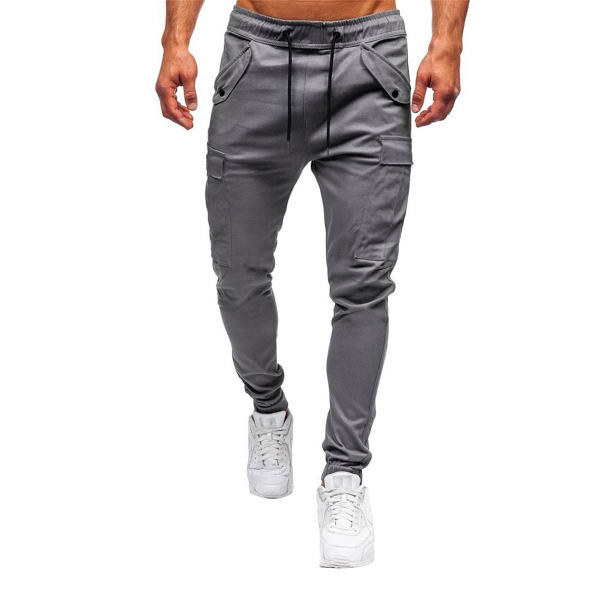 Men's solid color drawstring multi pocket sports casual pants gray
