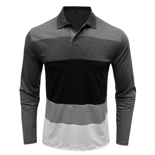 Men's color-block lapel striped long-sleeved T-shirt dark gray
