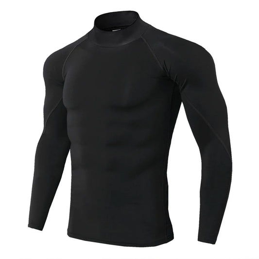 Men's solid color stand up collar long sleeved T-shirt with black background and black line