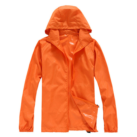 Men's solid color dark pattern zipper hooded waterproof sunscreen suit comes with a same color storage bag in orange