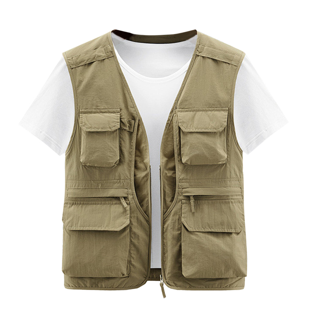 Men's casual V-neck zip vest khaki