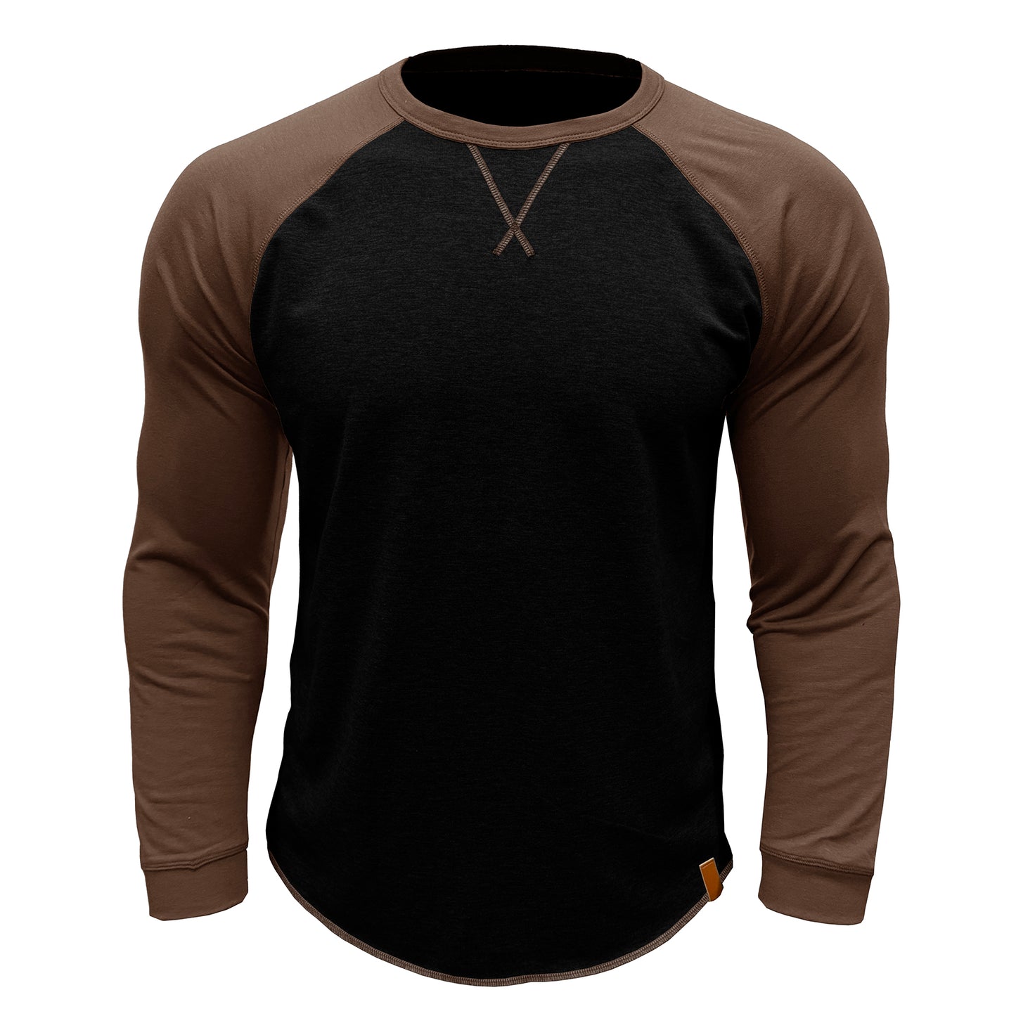 Men's long sleeved round neck casual T-shirt black with brown