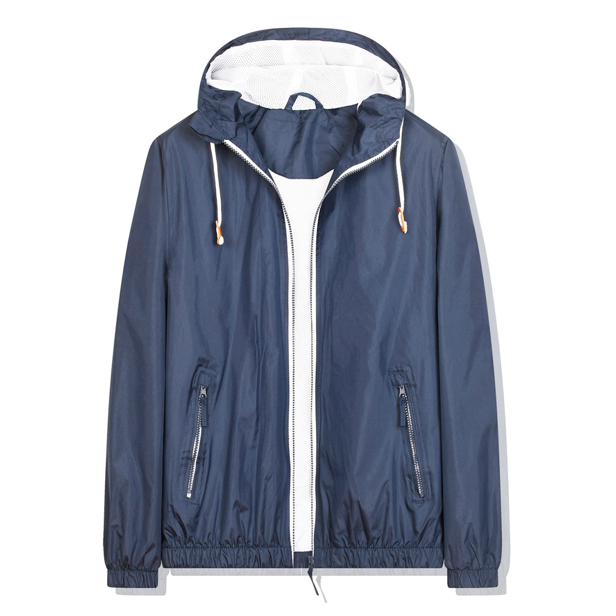 Men's patchwork hooded zippered baggy waterproof jacket in dark blue solid color