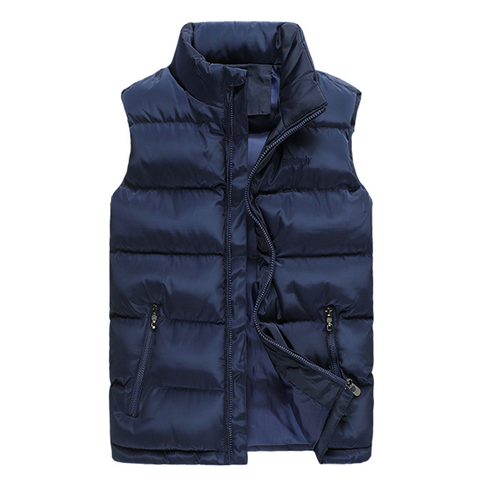 Men's down cotton stand collar solid color vest coat blue
