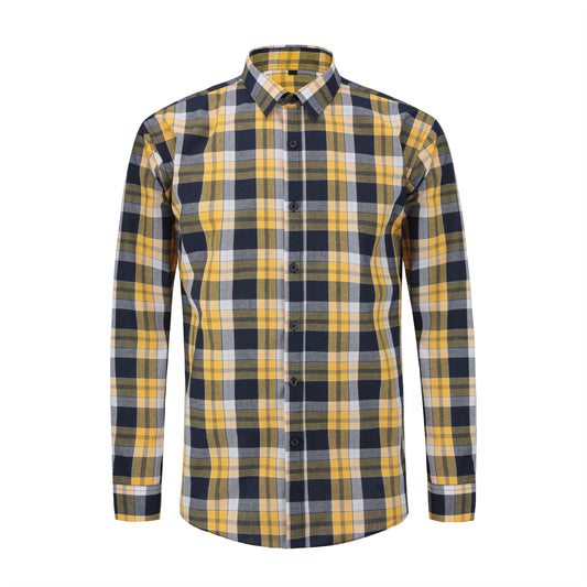 Men's lapel plaid long sleeve shirt yellow blue plaid