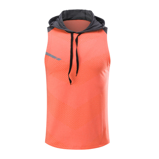 Men's hooded sleeveless color blocked sports casual vest fluorescent orange