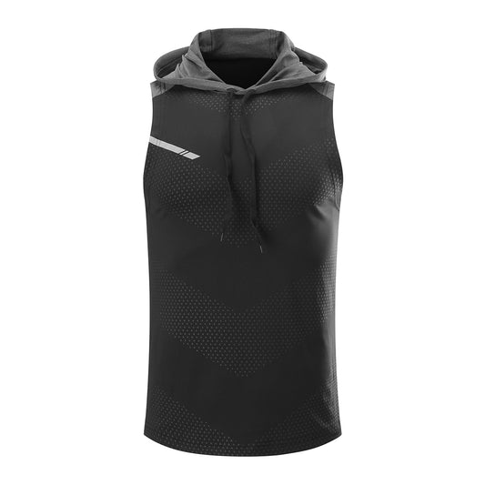Men's hooded sleeveless color blocked sports casual vest black