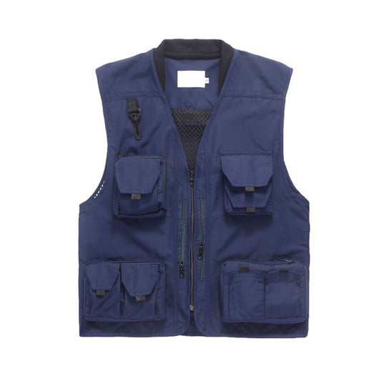 Men's solid color multi-pocket casual vest blue