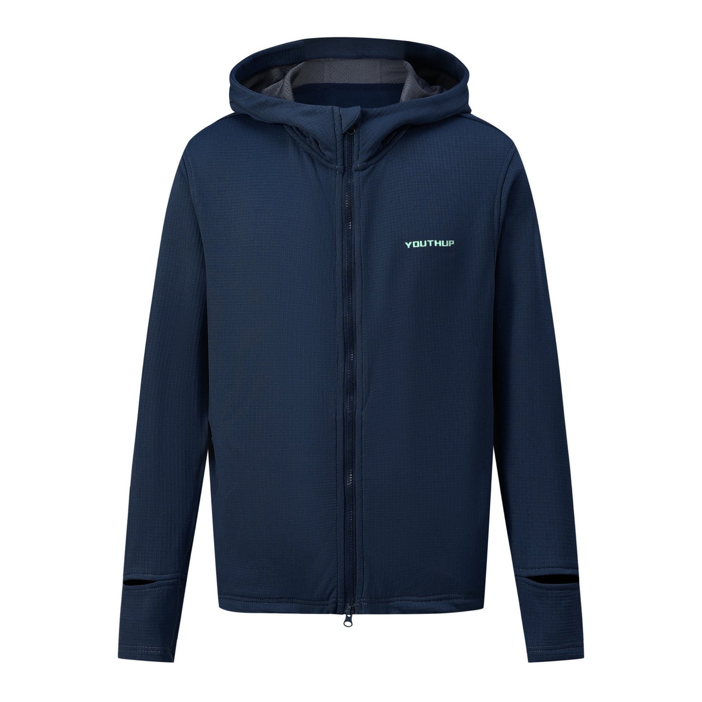 YOUTHUP Men's Full Zip Hooded Athletic Jacket, Lightweight Knit Workout Hoodie with Thumb Holes, Watch Window Cuffs, Zipper Pockets